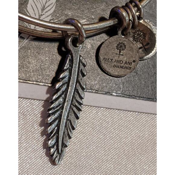 Alex and Ani SMALL FEATHER Charm Bangle Bracelet NWT Rafaelian Silver Adjustable - Picture 2 of 3